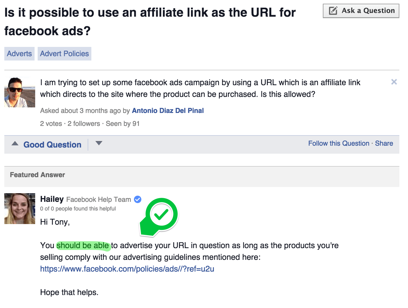 message from Facebook's help centre illustrating that Facebook do allows affiliate links in adverts