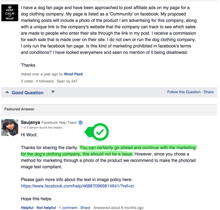 message from Facebook's help centre illustrating that Facebook do allows affiliate links on pages