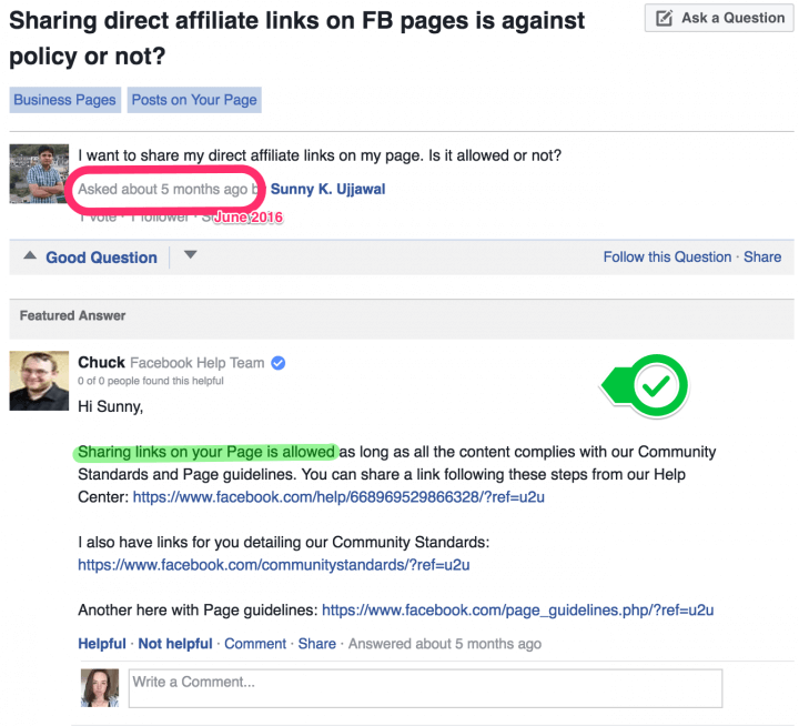 Sharing direct affiliate links on FB page policy