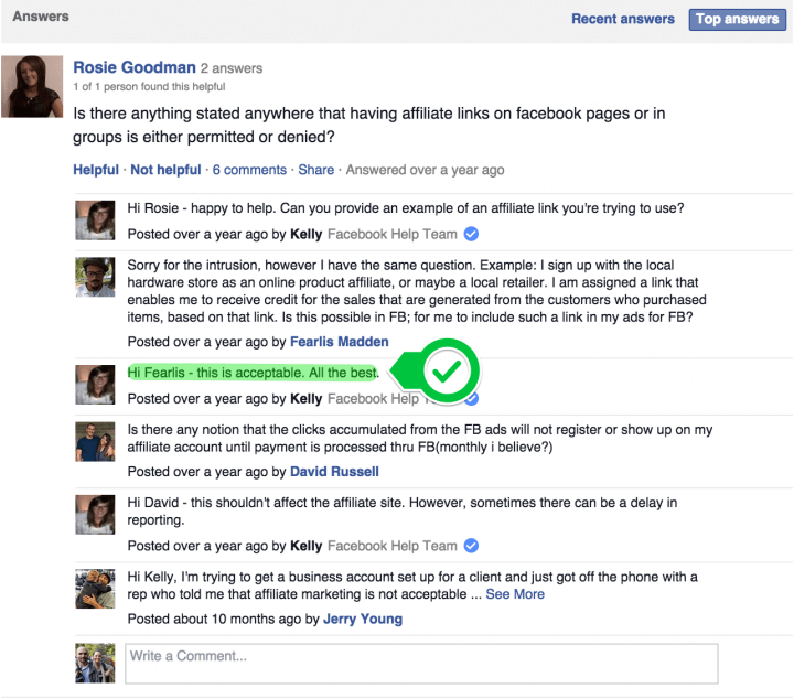 message from Facebook's help centre illustrating that Facebook do allows affiliate links on pages