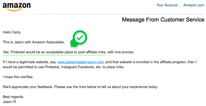 Amazon confirm they allow you to post affiliate links to Pinterest