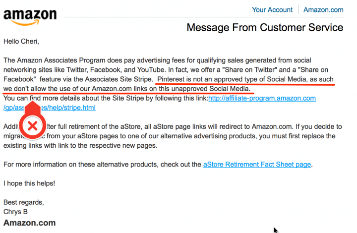 Amazon Associates say affiliate links are NOT allowed on Pinterest in this email! 
